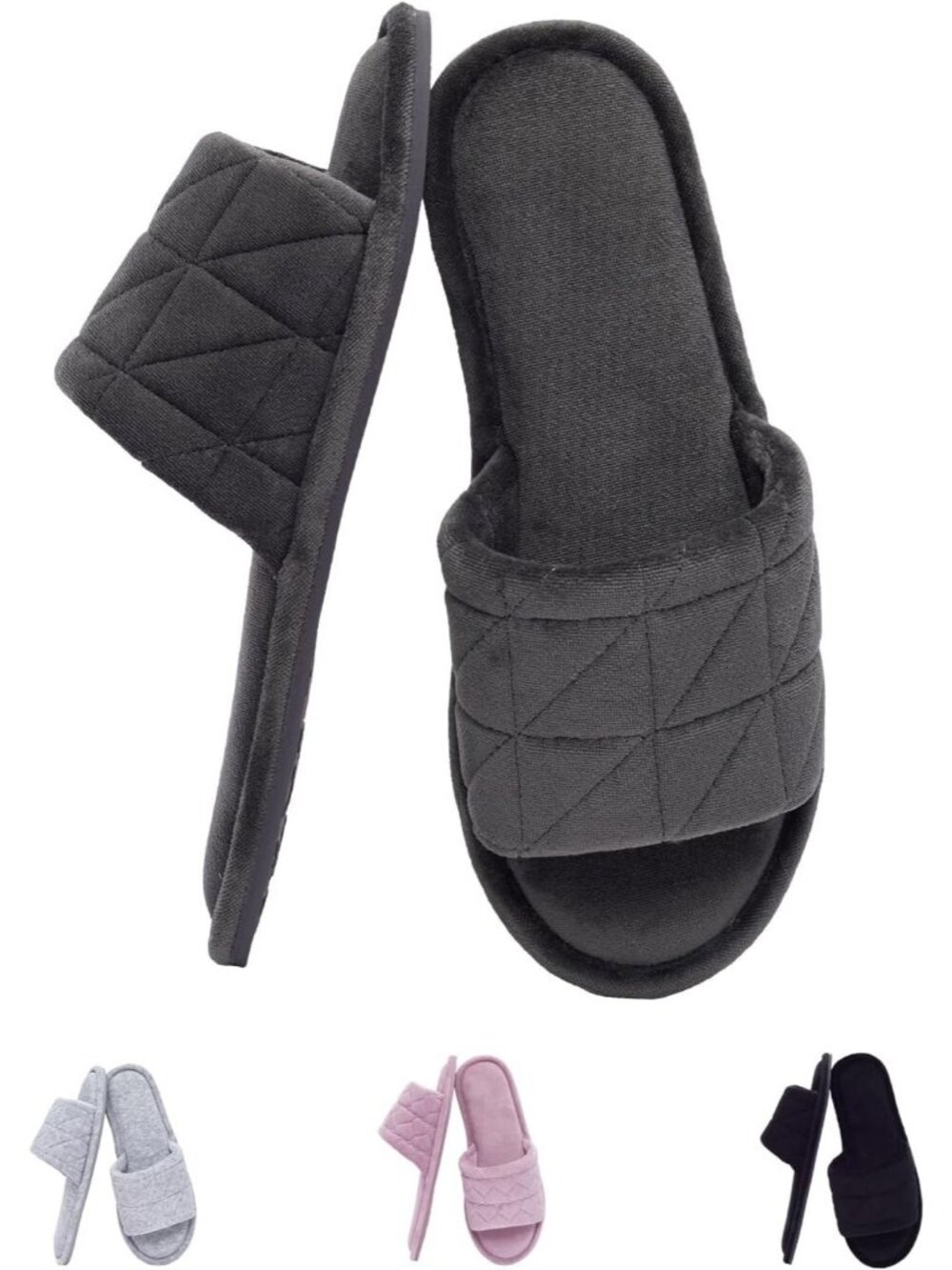 Women's Dark Grey Velvet Open Toe Memory Foam Non-Slip Outdoor Slip-On Slipper